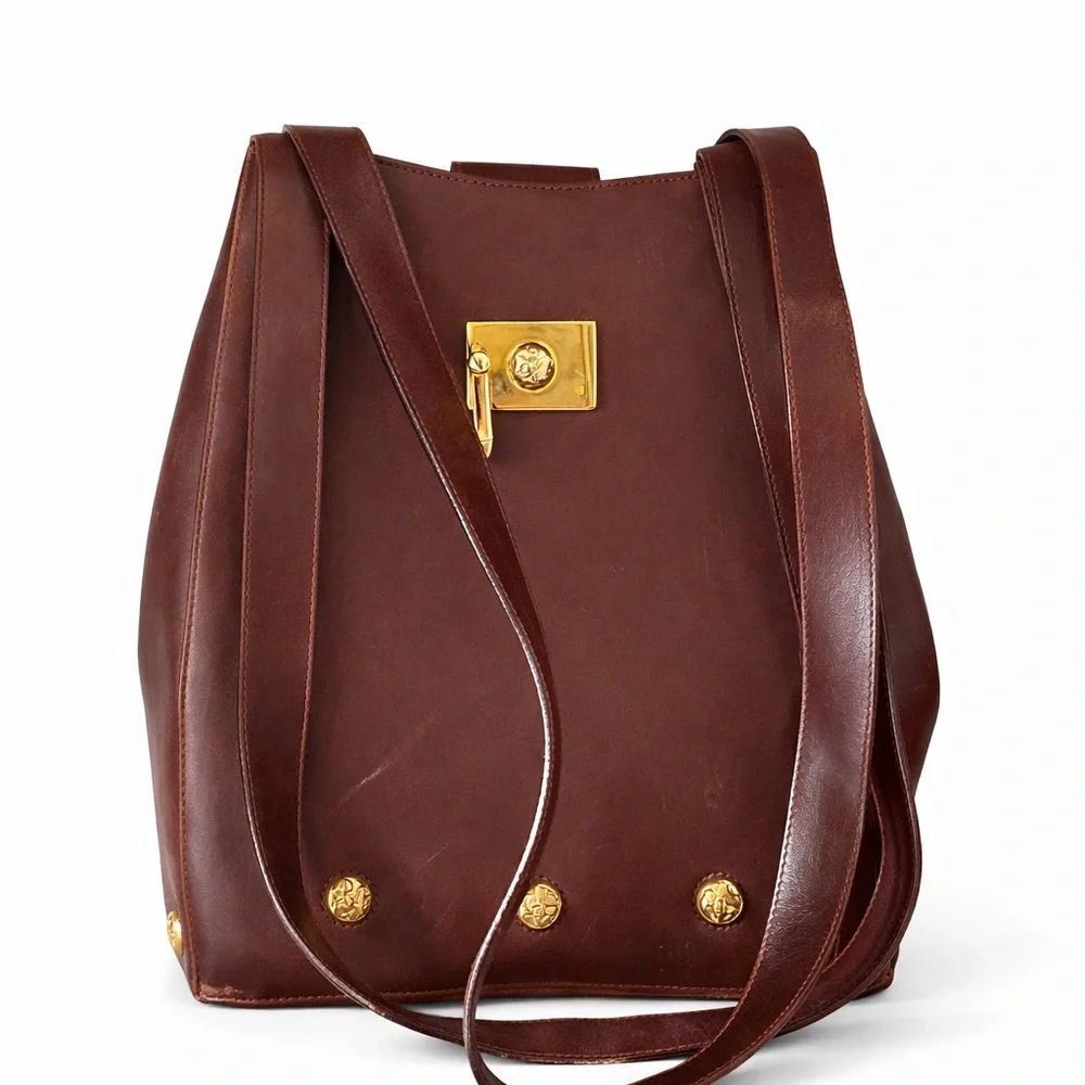Rare Vintage Ferragamo Leather Bag Studded Gold Hardware Italy - Picture 1 of 12